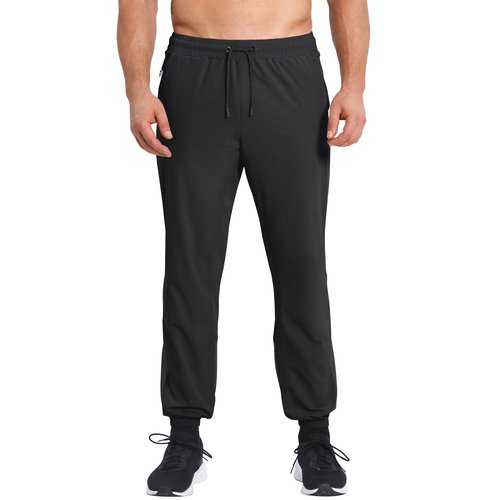 BROKIG Men's DryUp Running Track Pants 3 Pockets, Lightweight Workout Pant Casual Nylon Thin Stretch Gym Pants for Men (Large, Black+Dark Grey)