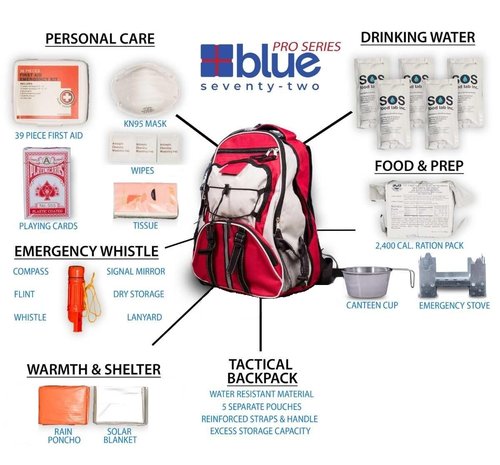Blue Seventy-Two - Pro Series - Red Deluxe 72 Hour Emergency Backpack Survival Kit for 1 Person | Survival Kit for Emergencies (Includes Water Tablets)