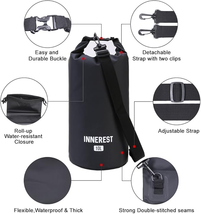 Waterproof Dry Bag Lightweight Sack for Outdoor Water Recreation Beach Boating Camping Fishing Kayaking with a Waterproof phone pouch (Matte Black, 10L)