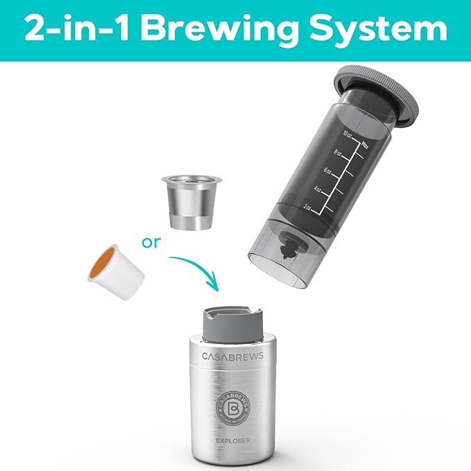 CASABREWS KP3000 Portable Coffee Maker, 2 in 1 Small Travel Coffee Machine for K Cup Pod or Ground Coffee, Quick Coffee Press Kit with Stainless Steel Cup, Cup Lid, Straw and Storage Bag