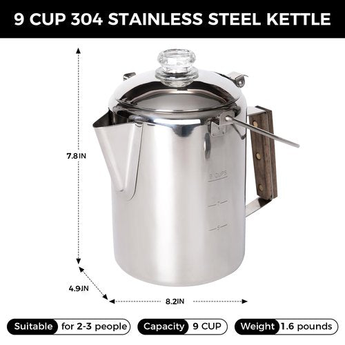 KingCamp Percolator Coffee Pot Campfire Coffee Boiler Kettle 304 Stainless Steel with Wood Handle for Outdoor Camping Cookware, Cabin, RV, Kitchen, Hunting & Backpacking, NO Aluminum or Plastic 9 Cup
