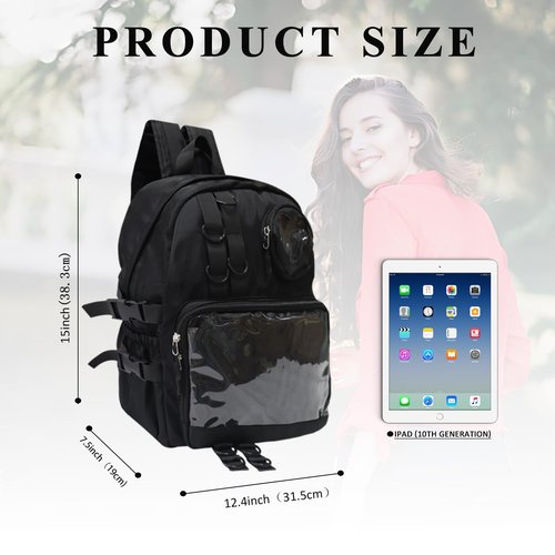MOVOYEE Backpack for Men Travel Women Work Casual Daypack Backpacks Hiking Bookbag,Anti Theft Carry On Clear Backpack,Cute Ita Bag with Pin Display Adjustable Strap Black