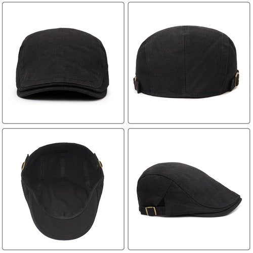 Xinveen Newsboy Hats for Men Flat Cap Cotton Adjustable Breathable Irish Cabbie Ivy Driving Hunting Hat Black
