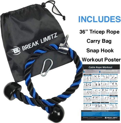 Blue Tricep Rope Pull Down & Poster Set | 27 or 36 Inch Heavy Duty Nylon Rope, Chrome Cable Attachment | Professional or Home Gyms | Includes Workout Poster, Snap Hook, Bag