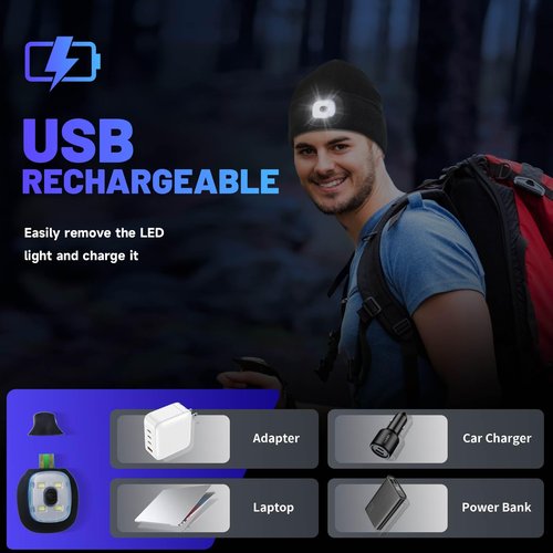 Unisex Beanie Hat with Light, USB Rechargeable LED Headlamp Cap Warm Knit Hats for Winter Safety，Gifts for Men Women Dad (Deep Hemp Grey)