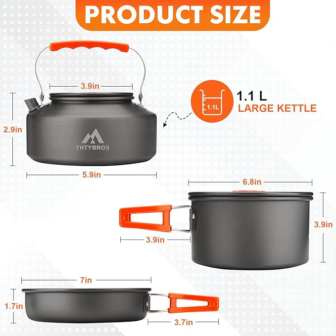 17pcs Camping Cookware Kit, 0.45Gal Pot, 7inches Pan,0.30Gal Kettle Set with 2 Set Stainless Steel Cups Plates Forks Knives Spoons for Hiking,Camping,Backpacking,Outdoor Cooking and Picnic