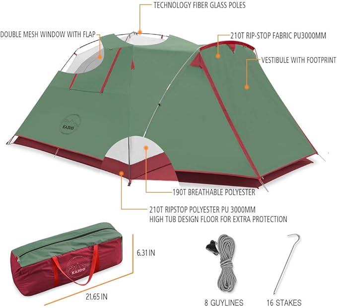 KAZOO 2／4 Person Camping Tent Outdoor Waterproof Family Large Tents 2/4 People Easy Setup Tent with Porch Double Layer