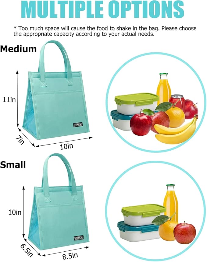 Fmeida Insulated Lunch Bag Women, Simple Lunch Tote Bags, Waterproof Thermal Cooler Lunch Bag, Reusable Adult Lunch Box Bag for Women | Small Mint Blue, Front&Side&Interior Pockets