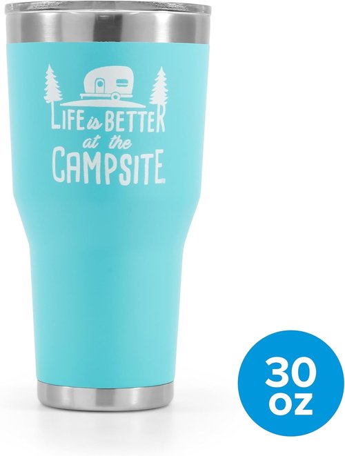 Camco Life is Better at The Campsite Tumbler | Heavy Duty Double Wall Vacuum Insulation | Crafted of 18/8 Stainless Steel | Unique “Life is Better at The Campsite” Design on Coral Pink | 20-oz (53061)