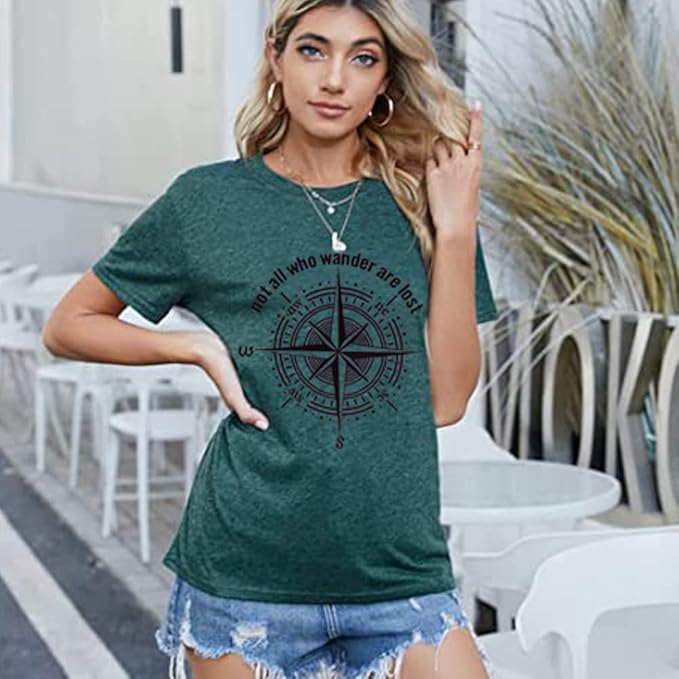 Womens Graphic T-Shirt Not All Who Wander are Lost Funny Tees for Women Summer Casual Tops Athletic Shirts
