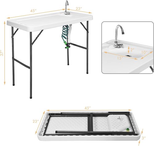 Goplus Folding Fish Cleaning Table with Sink and Spray Nozzle, Heavy Duty Fillet Table with Hose Hook Up and Faucet, Portable Outdoor Camping Sink Station for Dock Beach Patio Picnic