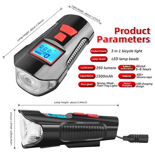 Super Bright 6-Bead LED Multi-Functional Waterproof Bicycle Light Set, USB Charging, Bicycle Headlight and Rear taillight, Intelligent Power Display and six Horn Sounds, Suitable for Night Riding