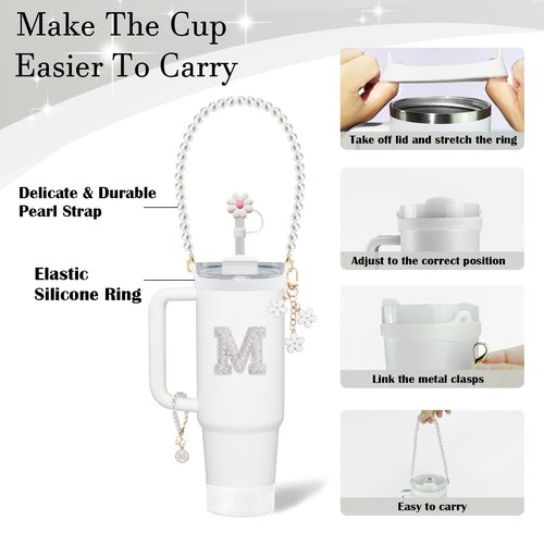 LUHOHI Stanley Cup Accessories Set - Including Water Bottle Carrying Pearl Strap, Handle Letter Charms Sticker, Silicone Cup Boot Straw Cover for 40oz & 30oz Tumbler Accessory Kit