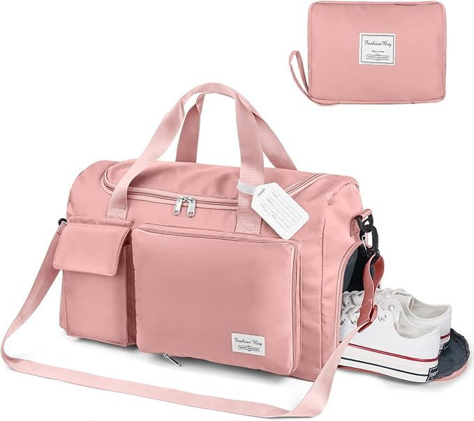 Travel Duffel Bag, Foldable Gym Bag with Luggage Tag, Large Capacity Weekend Overnight Bags with Wet and Dry Separation Bag, Waterproof Sports Tote Bag, for Travel, Sports, Gym (Pink)