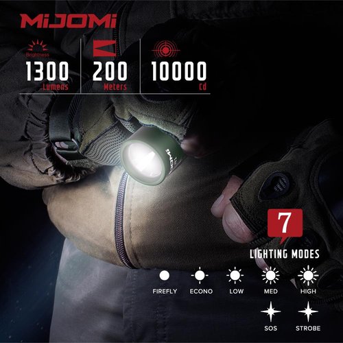 MIJOMI J81G Tactical Rechargeable Flashlight with Holster, 1300 Lumen Super Bright IP68 Waterproof Dual Button Flashlight for Tactical Games Outdoor