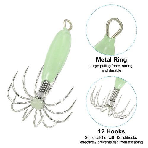 PATIKIL 12g Luminous Squid Jig Hooks, 5 Pcs Cuttlefish Sleeve Saltwater Fishing Lures Bait Jig Glow in Dark with 12 Stainless Steel Needles, Green