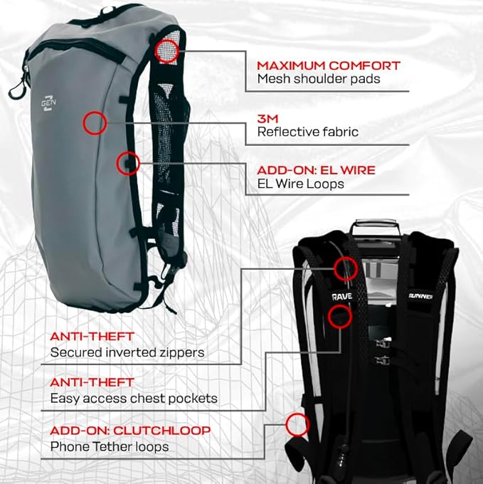 RAVERUNNER® Rave Hydropack - 2L Water Backpack for Raves, Festivals, Hiking, Running - Festival Hydration Pack for Hydration Backpack Rave