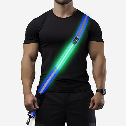 LED Running Gear High Visibility Reflective Belt Sash, Adjustable Night Walking Safety Gear, Rechargeable Light Up Running Reflective Belt for Runners Walkers Men Women(Blue)