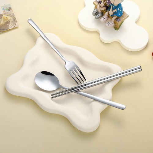 DEVICO Travel Utensils with Case Cute, Reusable Silverware for Lunch, Portable Cutlery Set, 18/8 Stainless Steel Fork Spoon Chopsticks in Cartoon Case, Dishwasher Safe (Light Yellow)