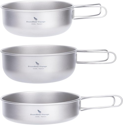 iBasingo 3-Piece Set Titanium Pot Set Camping Cooking Pan with Folding-Handle Outdoor Camp Cookware Pot Sets