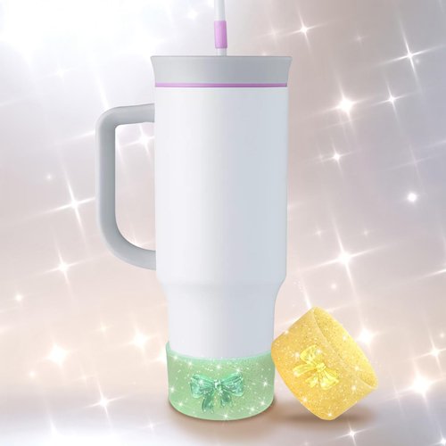 VirgoCCY 2 Pack Bling Glitter Silicone Boot for Stanley Cup 30&40 Oz, 3D Cute Bow Design, Anti Slip Bottom Cover Bumper for Stanley IceFlow 20/30 oz, for Owala Tumbler 40 oz, Green+Yellow