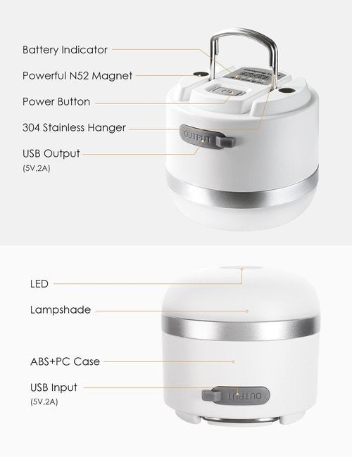 Joyzy Rechargeable LED Camping Lantern - 5 Light Modes, 600lm Outdoor Light, Mini Hanging Lamp for Fishing, Car or House Emergency Kit (White)