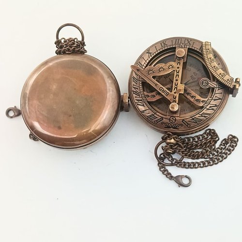 Brass Sundial Compass in Leather Case - Nautical Gifts for Men, Antique Sailing Anniversary Gadget for Him, Unusual Unique Nautical Decor, Naval Maritime Pocket Watch Clock (Brown Antique Compass)