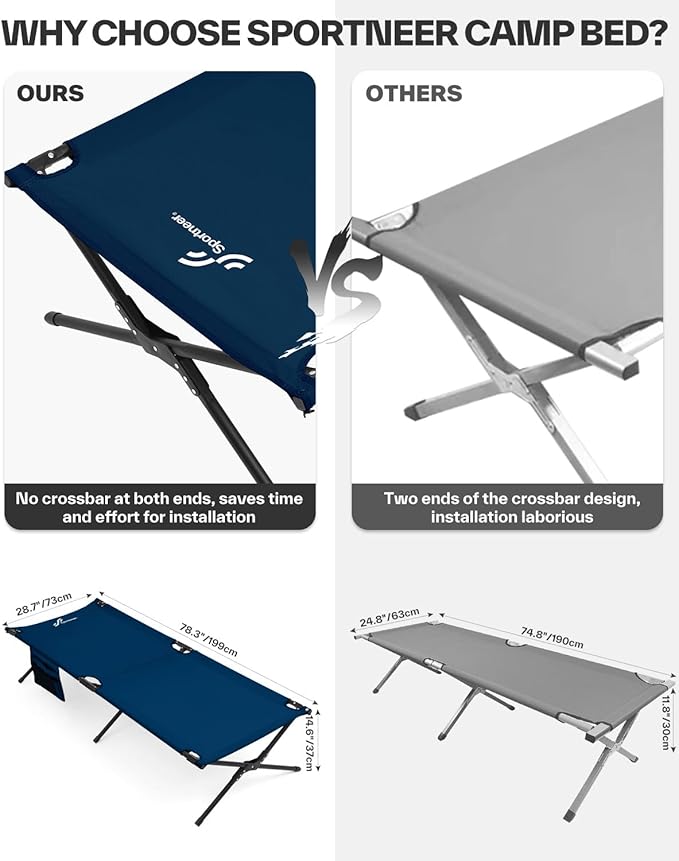 Sportneer Camping Cots for Adults: Easy-to-Assemble Camping Bed with Cmfortable Mattress & Side Bags Support 330lbs - Cot Bed for Camping, Lounging, & Elevated Sleeping, Size 78.3"x28.7"x14.6"