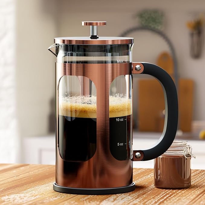 BAYKA 21 Ounce 0.6 Liter French Press Coffee Tea Maker Small, Heat Resistant Thickened Borosilicate Glass Stainless Steel Single Serve Brewer, Cold Brew Cafetera Teapot, Copper