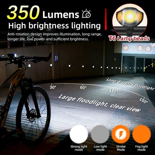 Super Bright 6-Bead LED Multi-Functional Waterproof Bicycle Light Set, USB Charging, Bicycle Headlight and Rear taillight, Intelligent Power Display and six Horn Sounds, Suitable for Night Riding