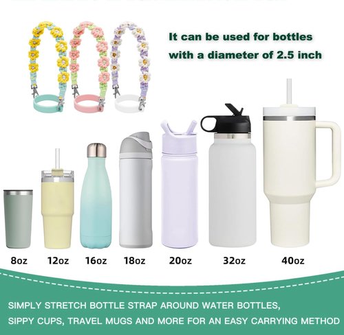 LAMOOER Water Bottle Handle Strap Silicone Woven Water Bottle Handle Sling with A Flower Charm Fits Most 8-40oz Water Bottles, Compatible with Stanley Cup Accessories (Pink)