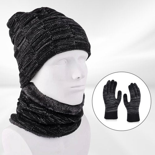Mens 3 Pieces Winter Warm Beanie Hat Scarf and Touchscreen Gloves Set,Knit Cap Neck Warmer with Fleece Lined (Beanie+Scarf+Gloves(Black01))