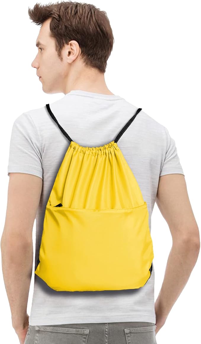 BuyAgain Drawstring Backpack Sports Water Resistant String Bag Sport Gym Sackpack for Women Men Large with Zipper, Yellow