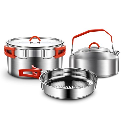 Camping Cooking Set,Camping Cookware Set,304 Stainless Steel Camping Pots and Pans Set, Includes Pot Nonstick Frying Pan Kettle in Mesh Bag for Hiking Outdoor Cooking Backpacking for 1-2 People