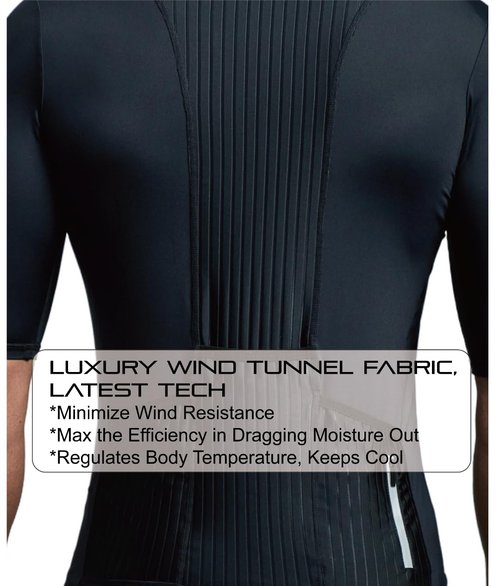 EASYINPRO Wind Tunnel Fabric Men’s Cycling Jersey Tops Bike Biking Shirts Pro Anti UV, Full Zipper, Reflective Pocket Black