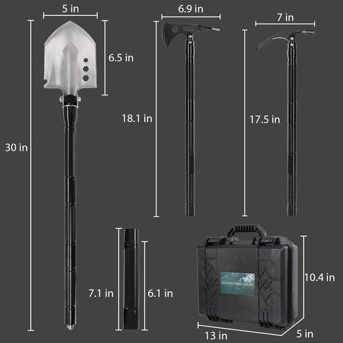 Survival Shovel Multitool 14-in-1 – Tactical Folding Shovel & Axe for Camping, Hiking, Hunting – Military Grade Gear with Adjustable Handle, Portable Storage Box