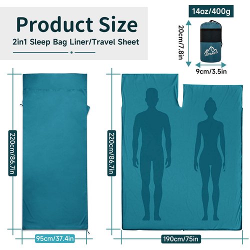 Sleeping Bag Liner,14oz Ultralight Self Tan Sleep Sack with 2 Way Zipper, Expose Feet Separately, Adult Sleep Sack & Travel Sheets for Camping, Hiking, Traveling Backpacking,Hotel (Blue)