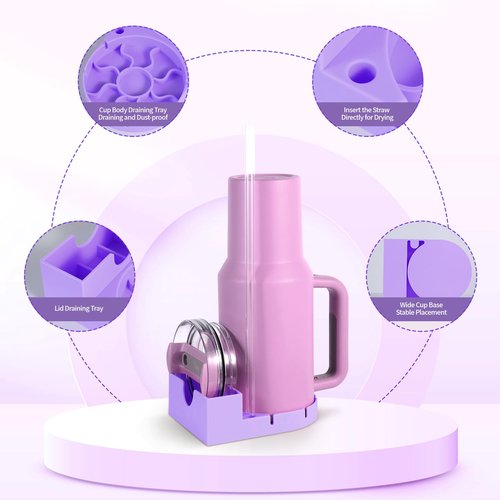 heartybay Bottle Drying Rack for Stanley Cup, Silicone Holder Stand for Water Bottle, Tumblers, Cups, Mugs, Glasses - Travel-Friendly Space Saving Design, Purple