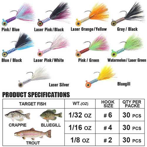 LURELINK Marabou Hair Jigs - Crappie & Panfish Fishing Baits & Lures Kit - 1/8, 1/16, 1/32 oz (Ultra Flash 30 Master Jigs, 1.8g)