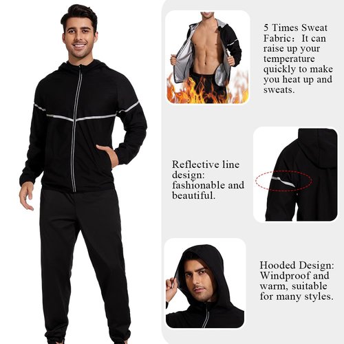 LAZAWG Sauna Suit for Men Zipper Sweat Suit with Hood Long Sleeve Sauna Jacket Gym Exercise