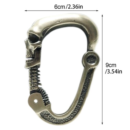 Metal Skull Keychain, Skull Carabiner with Articulated Cervical Column Clasp, Heavy Duty Stainless Steel Cool Carabiner, Skull DIY Accessories for Climbing Hiking Backpacking (Silver)