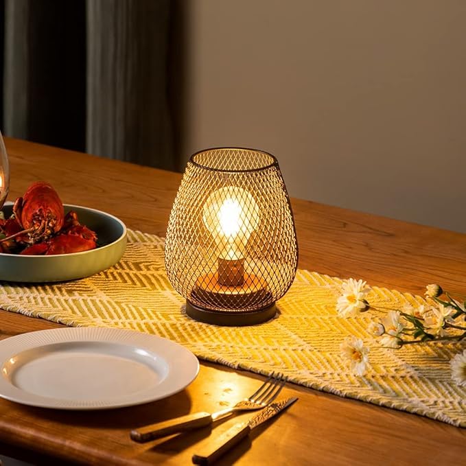 DECORKEY Set of 4 Battery Operated Lamp LED Table Lantern, Brown Metal Cage Cordless Lamps with LED Bulb，Vintage Decorative Outdoor Lantern for Weddings, Parties, Patio, Events for Indoors Shelf Decor
