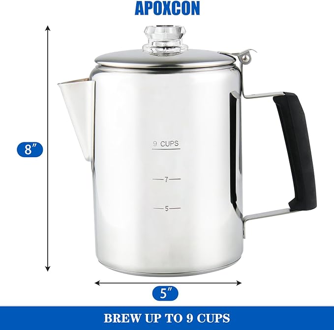 Multi Use Percolator Coffee Pot Stainless Steel Stove Top Coffee Maker with Two Borosilicate Glass Knob Silica Handle Camping Coffee Pot Using on Campfire Stove & Induction Cooker Silver 9 Cup