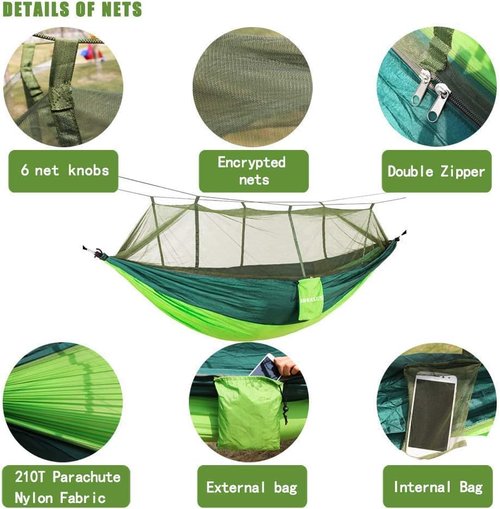 Camping Hammock with Net, Lightweight Portable Double Parachute Hammocks, 210T Nylon, High Capacity and Tear Resistance, Perfect for Camping, Backyard Relaxation (Green)