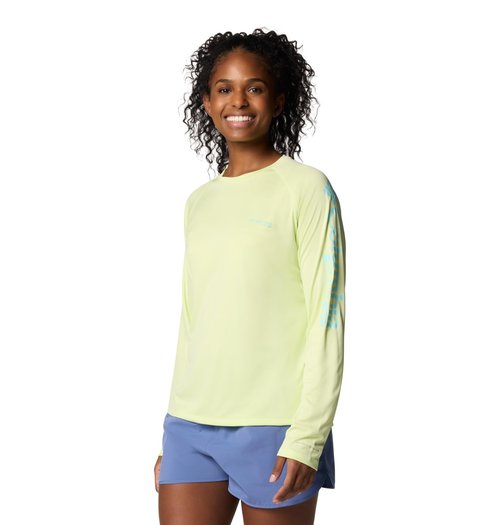 Columbia Womens PFG Tidal Tee II Long Sleeve Sun Protection Shirt, Spring Yellow/Gulf Stream Logo, Medium