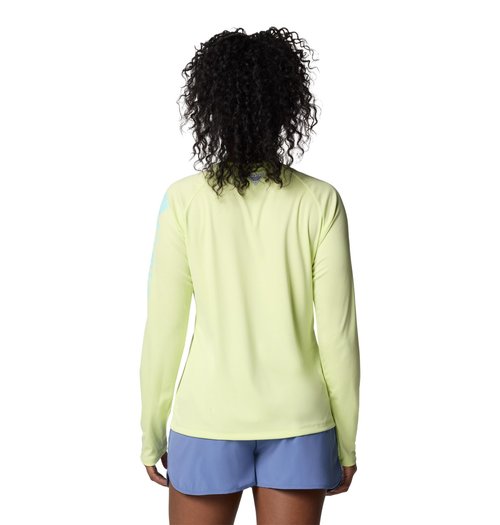 Columbia Womens PFG Tidal Tee II Long Sleeve Sun Protection Shirt, Spring Yellow/Gulf Stream Logo, Medium