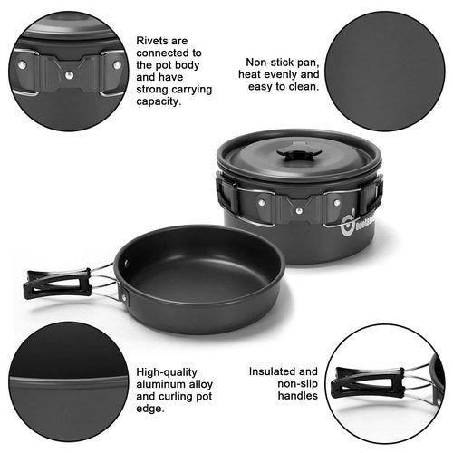 Odoland Bundle - 2 Items 15pcs Camping Cookware Mess Kit Non-Stick Lightweight Pot Pan Kettle Set and 5000W Portable Camping Stove