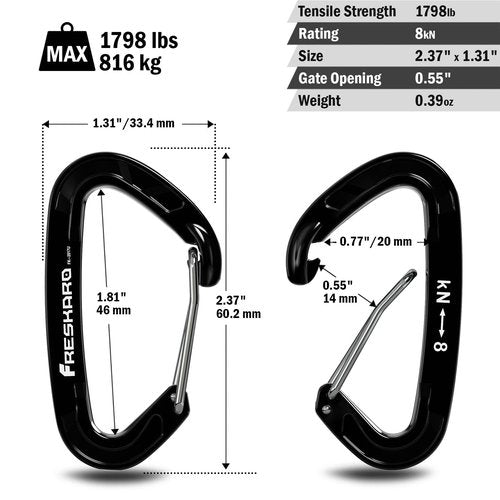 FresKaro 3pcs 25KN Climbing Carabiners with 5pcs Small Size Wiregate Carabiners for Keychain, Backpack, Hiking, Camping etc., Black Color