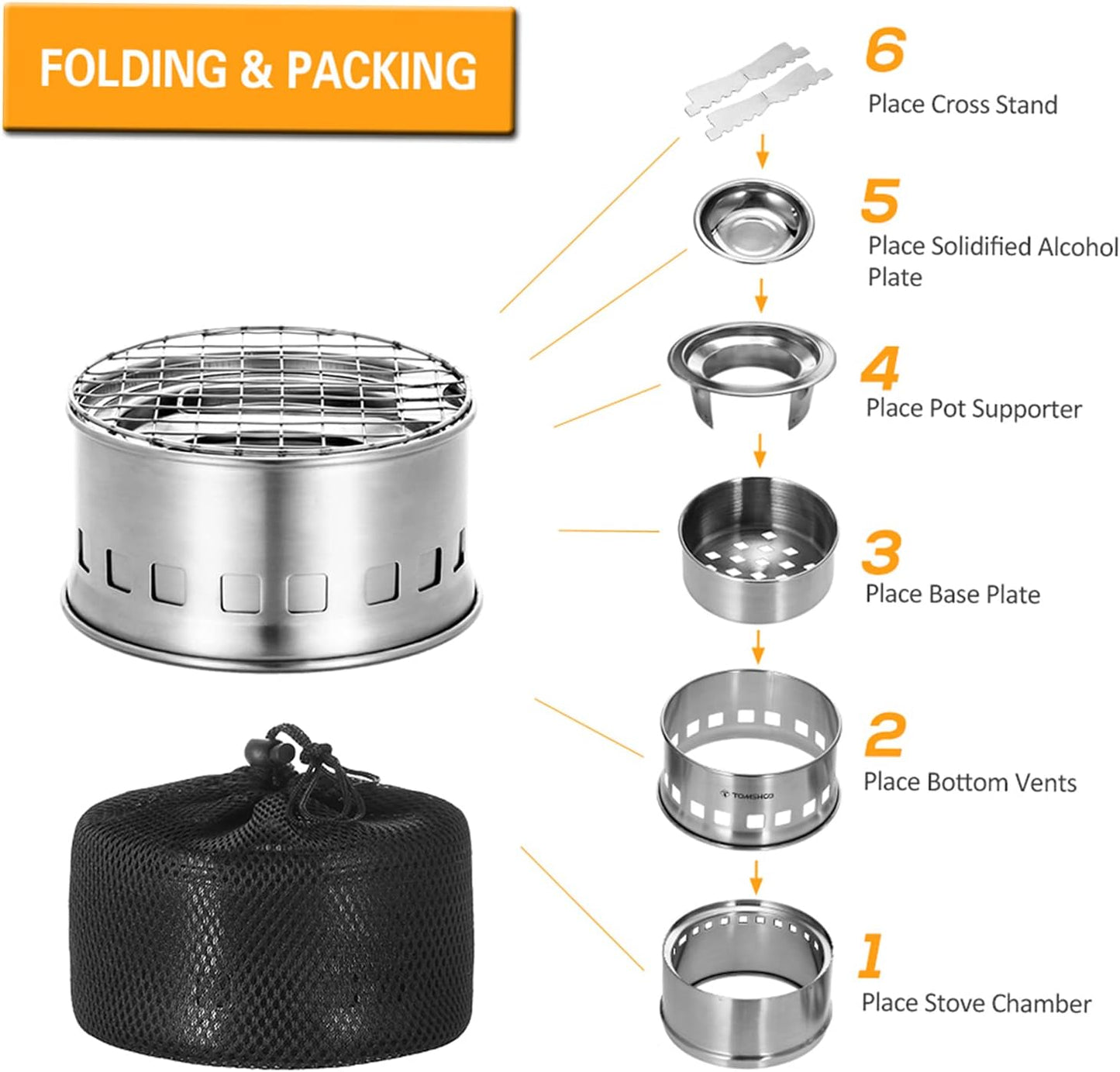 TOM SHOO Camping Stove Camp Wood Stove Portable Foldable Stainless Steel Burning Backpacking Stove for Outdoor Hiking Picnic BBQ