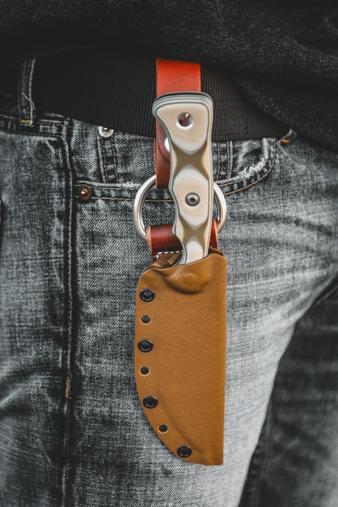 Tops Knives Camp Creek Full Tang Fixed Blade- Tumble Finish Blade Finish- Coyote Tan Kydex Sheath w/Dangler (Camo G10 Handle)